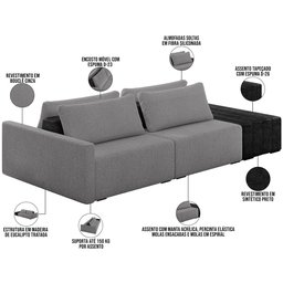 Sofá Ilha Modular para Sala 252cm com Puff Dublin K01 Bouclê Cinza e Sintético Preto - Lyam Decor - 4