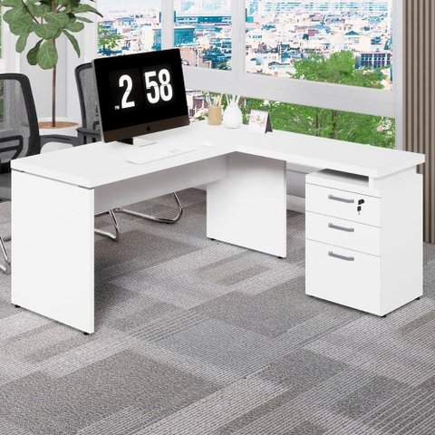 Escrivaninha em L com Gaveteiro Pé Painel F5 Contemporâneo 3 Gavetas 150cm Branco F5 Office