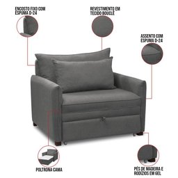 Poltrona Cama Retrátil Solteiro com Rodízio Cloe Bouclê Cinza Escuro E03 - D'rossi - 3