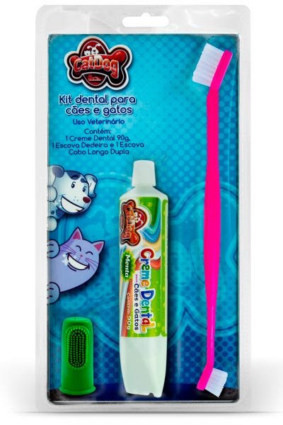 Conjunto Dental 3 Peças (Creme, Escova e Dedeira) - Cat Dog - Menta - 3127