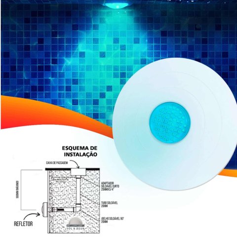 Refletor Power LED 9w ABS Iluminação para Piscina Mono Cor Azul Frente Grande 27cm para Nicho