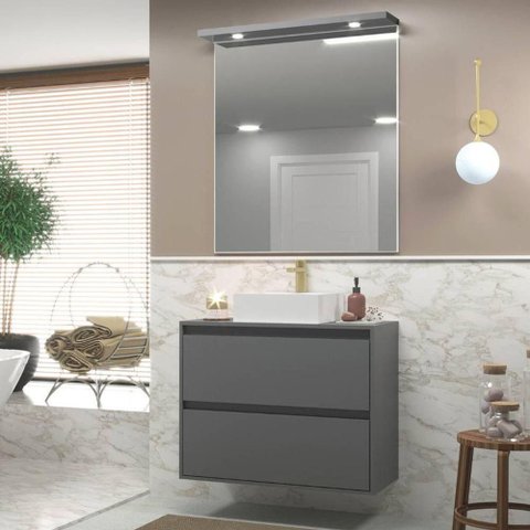 Gabinete para Banheiro com Cuba e Espelheira com Led 80cm Mdf Grafite Dubai - On Móveis