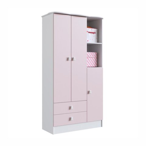 Guarda-Roupa Infantil 3 Portas 2 Gavetas Puxador de Urso Tedy Branco/Rosa - Percasa