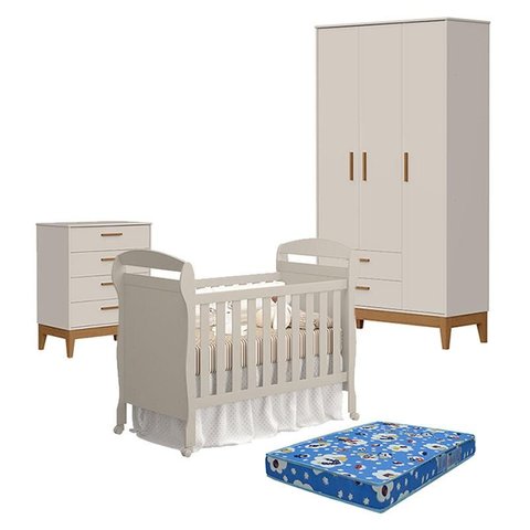 Quarto de Bebê 3 Portas com Cômoda Gaveteiro Flip e Berço Americano Danny Areia Acetinado com Colchã