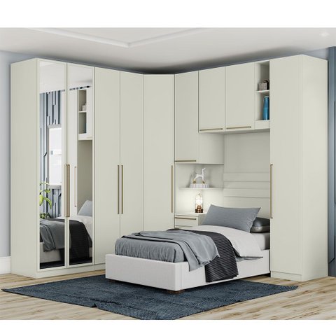 Quarto Modulado de Canto Solteiro com Espelho 6 Peças 9 Portas Seletto Henn - Areia Hp