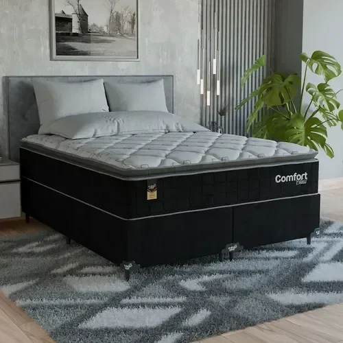 Cama Box Queen + Colchão Comfort Class Pillow Top 158x198cm Preto/suede Preto
