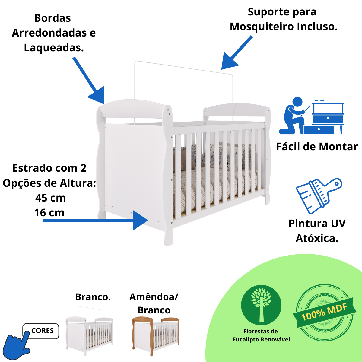 Berço Americano Marquesa 100% Mdf Multifuncional 3 em 1 Móveis Peroba Branco - 3