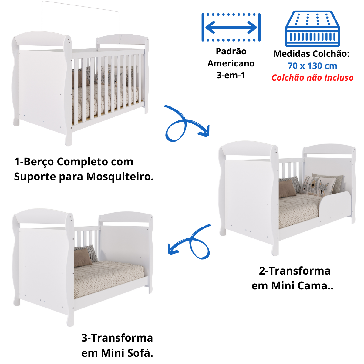 Berço Americano Marquesa 100% Mdf Multifuncional 3 em 1 Móveis Peroba Branco - 4