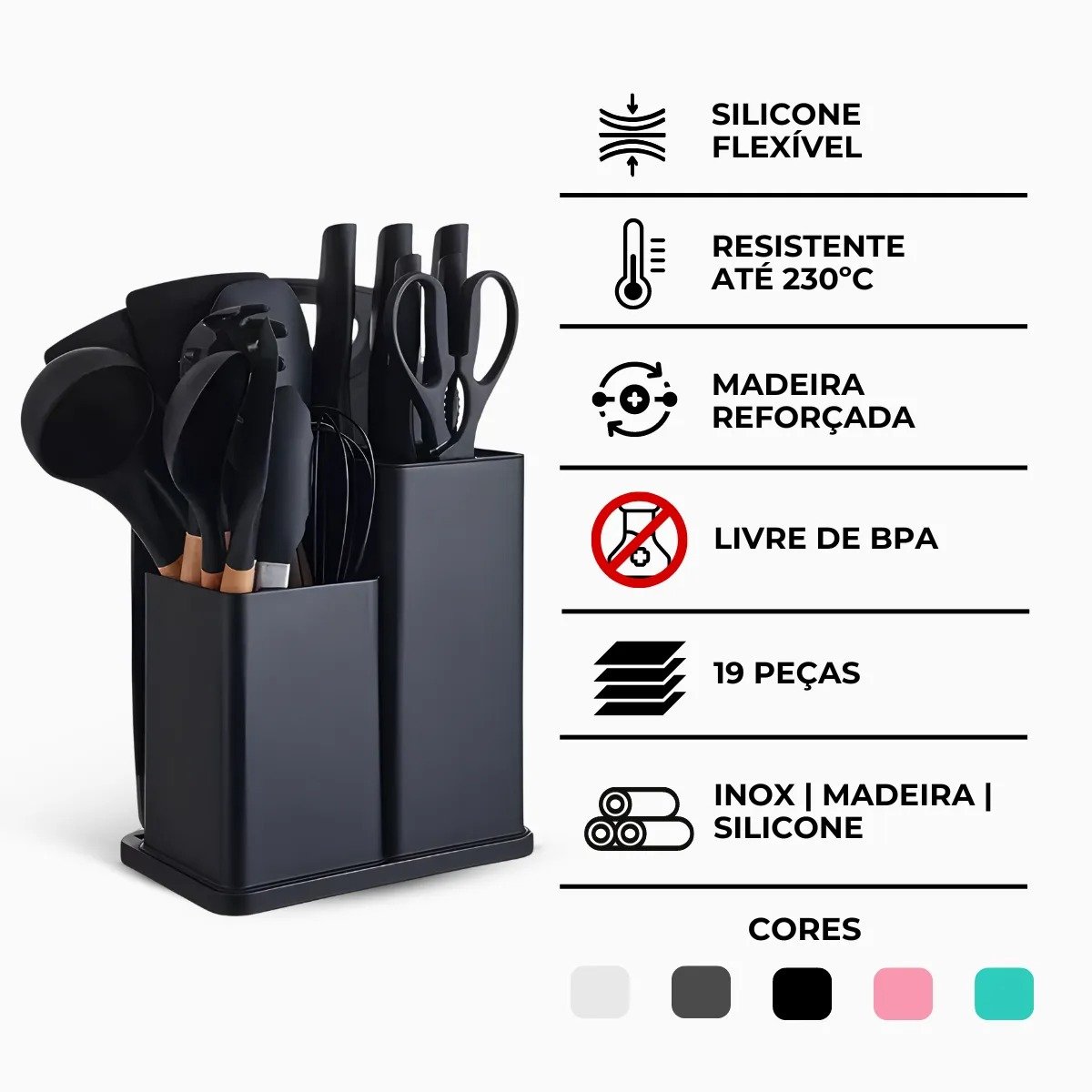 Kit Utensílios de Cozinha Jogo Completo 19 Peças Faqueiro Jogo Silicone Cor:preto - 9