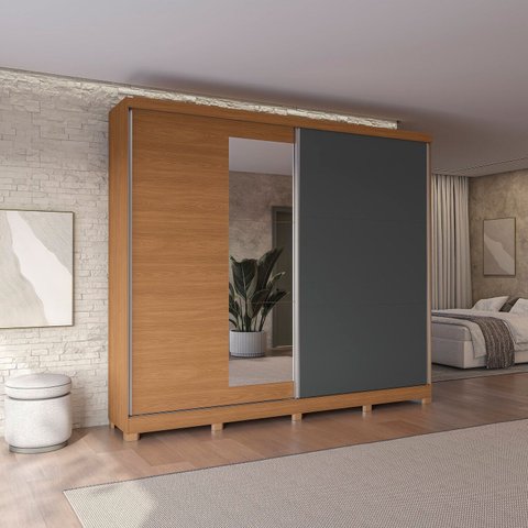 Guarda-Roupa 2 Portas de Correr e 4 Gavetas com Espelhos e Pés Dormitorio Bigger Lo Cinza/Canela/Grafite