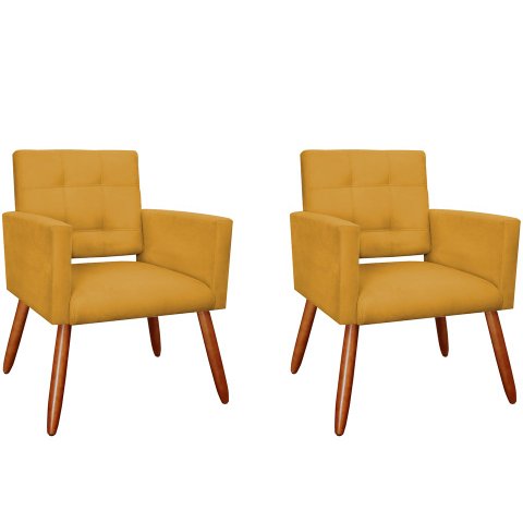 Kit 2 Poltronas Decorativa Camila Couro Amarelo Pés Madeira Ms Decor