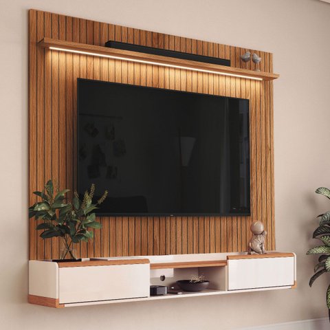 Painel Évora com Bancada Suspensa Atlas para TV até 75 Polegadas com LED Jequitibá Ripado/Off White