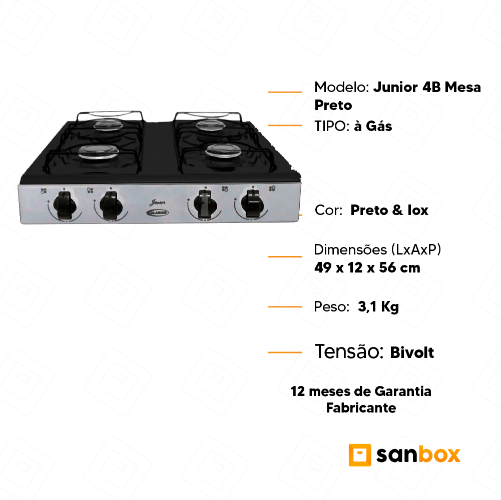 Fogão À Gás Clarice Junior 4b Mesa Preto Manual-inox - 7