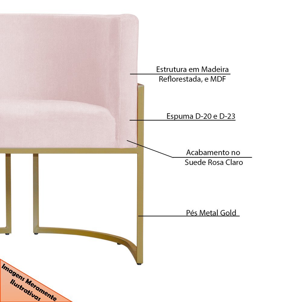 Kit 6 Poltronas Decorativa Sala de Estar Luana Base Gold Suede Rosa Claro - Montanaris Decor Md Mont - 6