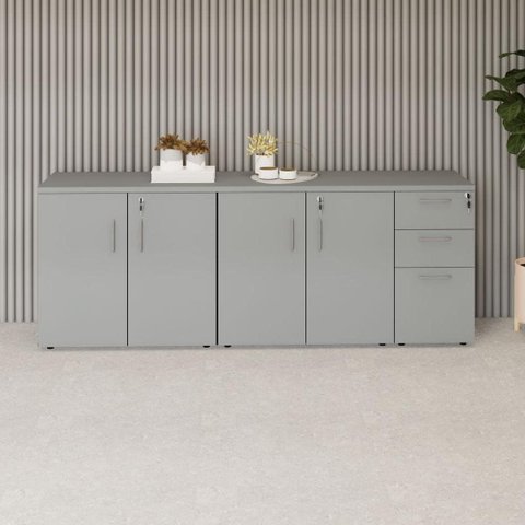 Armário Balcão 1,96m x 45cm Escritório e Home Office com 4 Portas 2 Gavetas e 1 Gavetão Fichá