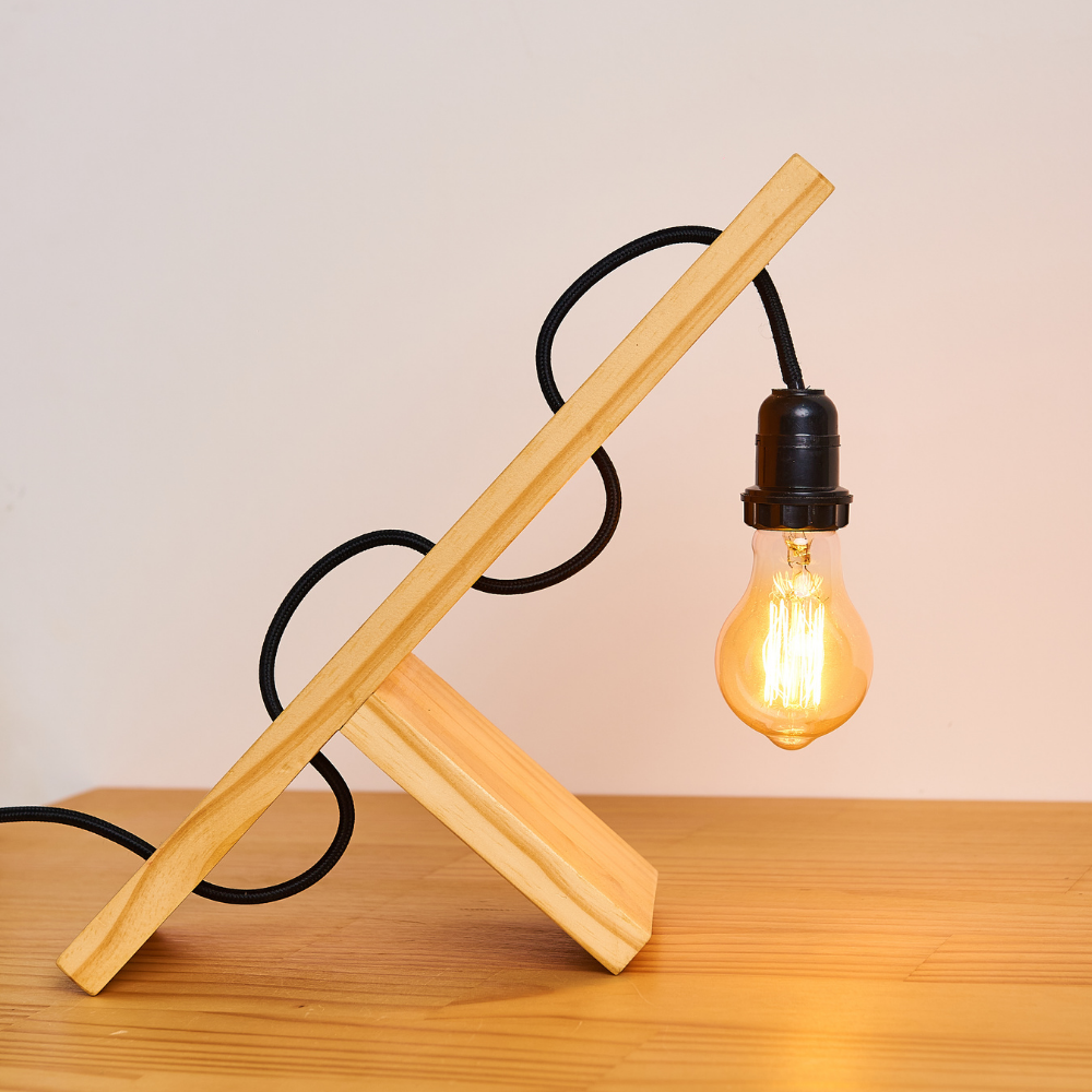 Luminária de madeira pinus com fio de tecido preto - 5