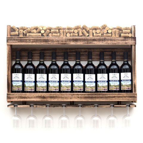 Adega Barzinho de Madeira Maciça para 10 Garrafas com Porta Rolhas e Porta Taças - Rústica