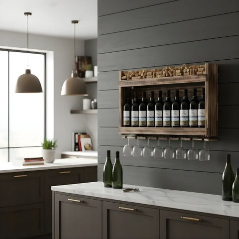 Adega Barzinho de Madeira Maciça para 10 Garrafas com Porta Rolhas e Porta Taças - Rústica