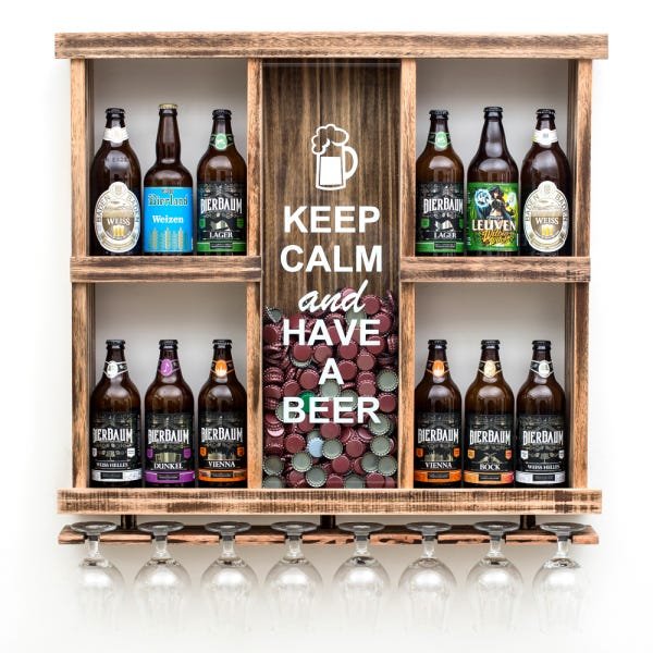 Barzinho Adega de Madeira Maciça para 12 Cervejas com Porta Tampinhas e Taças - Rústico