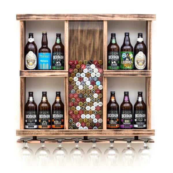 Barzinho Adega de Madeira Maciça para 12 Cervejas com Expositor de Tampinhas e Porta Taças - Rústico