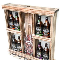 Barzinho Adega de Madeira Maciça para 8 Cervejas com Porta Tampinhas e Taças - Rústico - 4