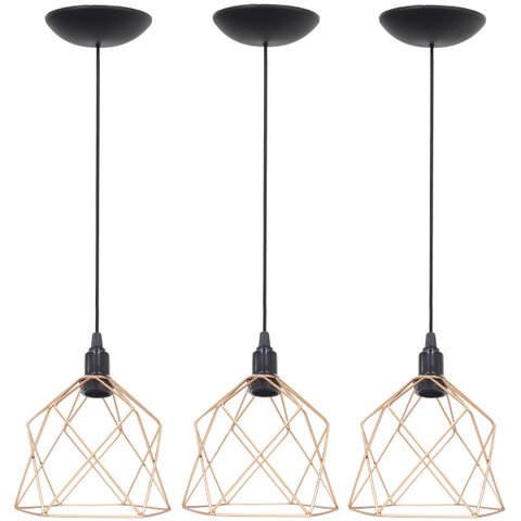 3 Pendentes Aramado Cálice Luminária Lustre Teto Retrô Vintage Industrial Balcão Cobre Rose