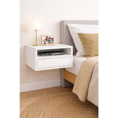 Mesa de Cabeceira Suspensa 40cm com Gaveta e Nicho MDF 15mm Branco Mesa de Cabeceira Já Montada Luxo