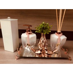 Kit Lavabo Pia Jogo Saboneteira Branco Rose Gold Porta Escovas - 1