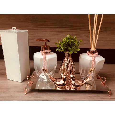 Kit Lavabo Pia Jogo Saboneteira Branco Rose Gold Porta Escovas