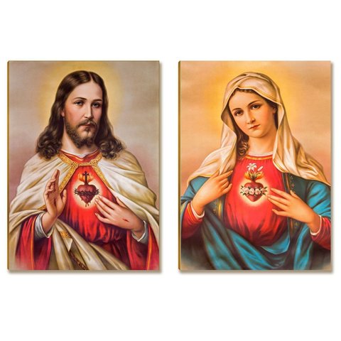 Kit 2 Placas MDF Pintura Sacra Clássica Jesus e Maria FE7