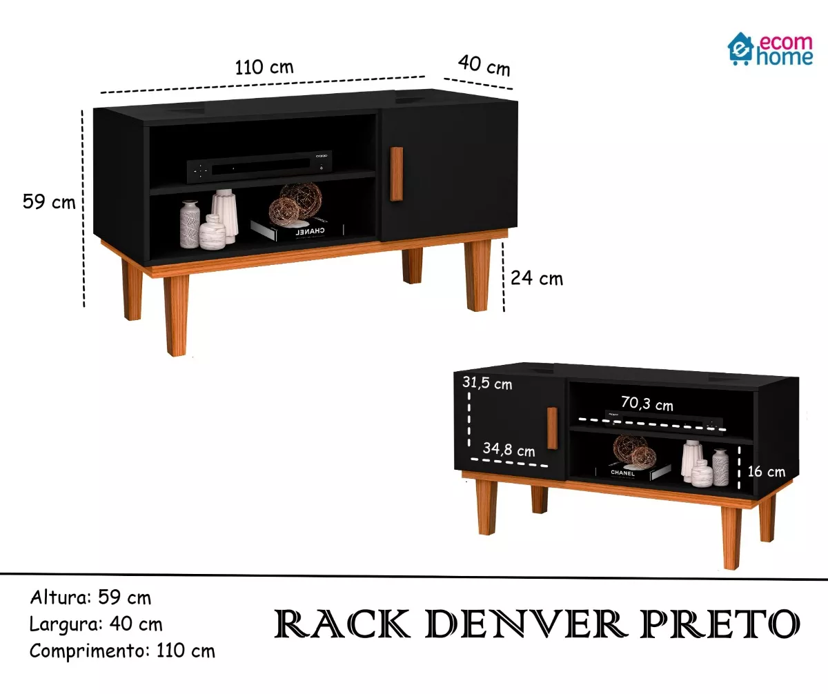 Rack Denver Preto Sala de Estar para Tvs 42' - 3