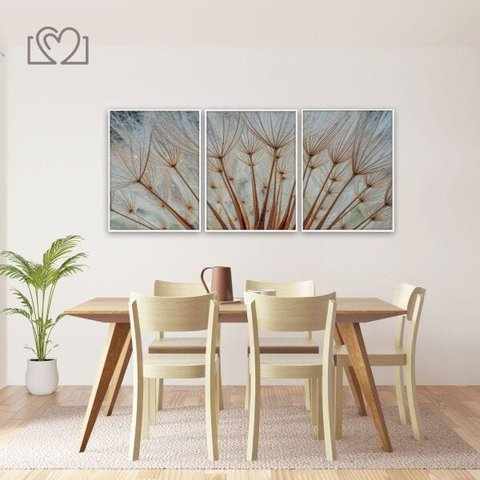 Quadro Para Sala Decorativo Dente de Leão Dandelion Flor Kit Moldura - BRANCO - KIT COM 3 QUADROS DE