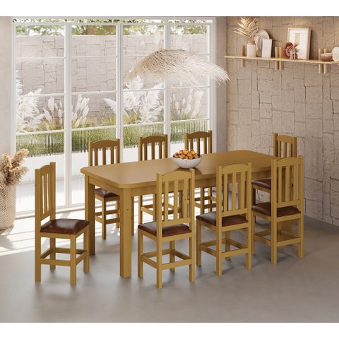 Conjunto Mesa de Madeira Mel 200x88 + 8 Cadeiras Estofadas Sfa