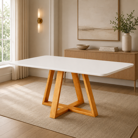 Mesa Jantar para 6 Lugares Pés Madeira Maciça Pérola - 160x90 - Tampo MDF/Vidro - Mel/Off White