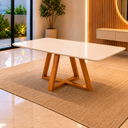 Ver imagem 1 de Mesa Jantar para 6 Lugares Pés Madeira Maciça Pérola - 160x90 - Tampo MDF/Vidro - Mel/Off White