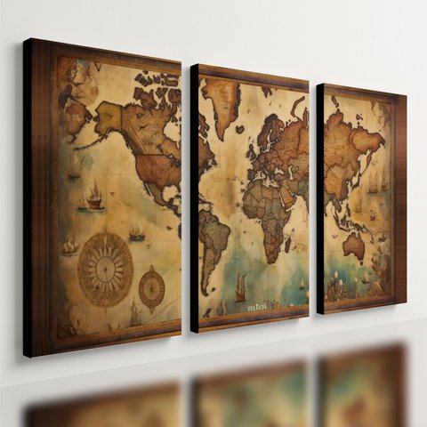 Kit 3 Quadro Decorativo Mapa Mundi Antigo Mundo Globo Brasil 40x28cm