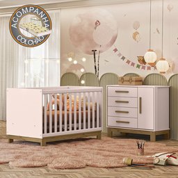Quarto de Bebê com Cômoda 4355 e Berço 4315 Rosa Acetinado + Colchão Gazin Patoti Móveis - 1