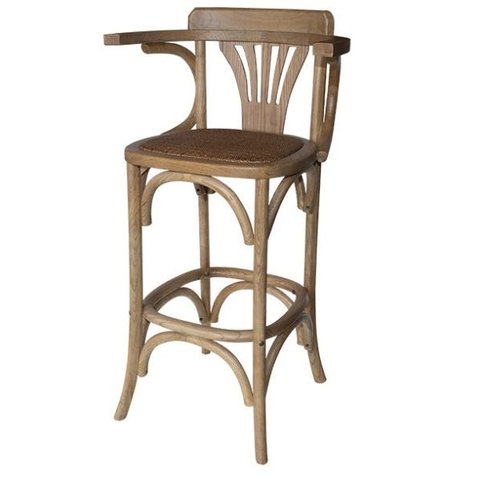 Banqueta Alta Bar em Madeira com Braço. Assento em Rattan Natural. Cor Natural
