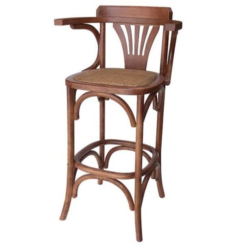 Banqueta Alta Bar em Madeira. com Braço. Assento em Rattan Natural. Cor Castanha
