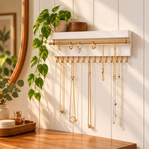 Porta Acessórios de Parede Branco e Dourado