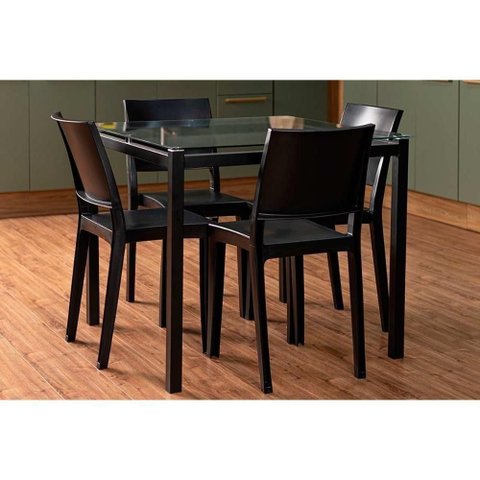 Sala de Jantar Reno com Tampo de Vidro 90x90cm e 4 Cadeiras Hydra Plus Preto