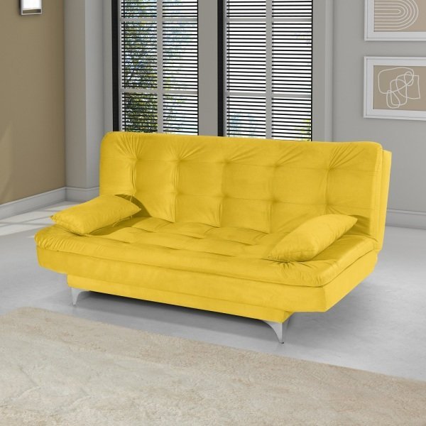 SofáCama Reclinável 3 Lugares Astúrias 1,90M Veludo Amarelo