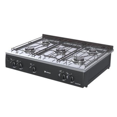 FOGAO DE MESA 5 BOCAS VENAX GRAND PETIT VETRO PRETO GAS GLP