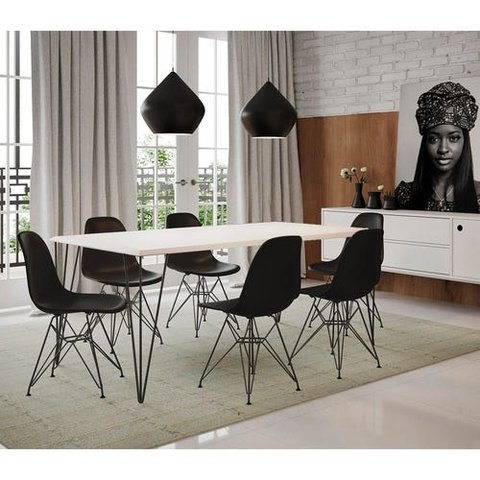 Conjunto de Mesa Eames Clips de Ferro Preto Tampo Branco 135x75 6 Cadeiras Preta Assento Preto