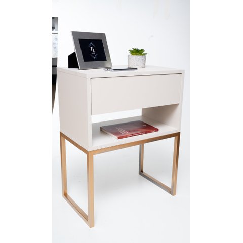 Mesa De Cabeceira Industrial OFF WHITE ECO 40cm BASE DOURADA - Enviamos MONTADO