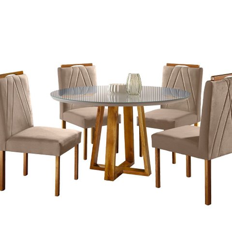 Conjunto Sala de Jantar Natalle 4 Lugares Mesa Redonda 1,0m e 4 Cadeiras Madeira Maciça Móveis Mundi
