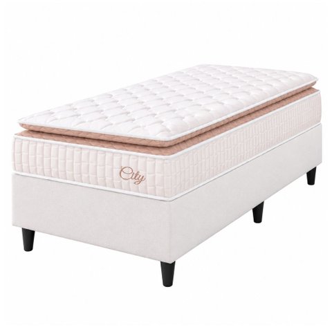 Cama Box Colchão Solteiro Molas Ensacadas City Pillow Top 88x188x61cm Branco / Bege Hellen