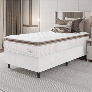 Cama Box Colchão Solteiro Molas Ensacadas City Pillow Top 88x188x61cm Linho Branco / Bege Hellen