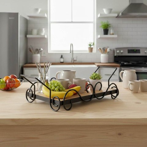 Bandeja Petisqueira Artesanal de Mesa em Ferro e Madeira Retangular Rústica