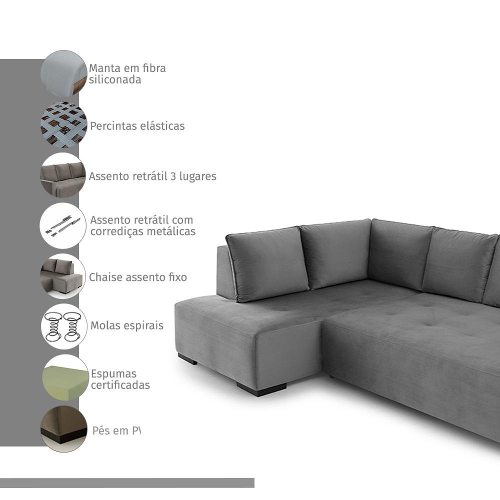 Sofá Andros Chaise e 3 Lugares 2,73m  - 3